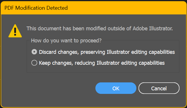 Illustrator prompt to open a Pressley production PDF with or without applied changes