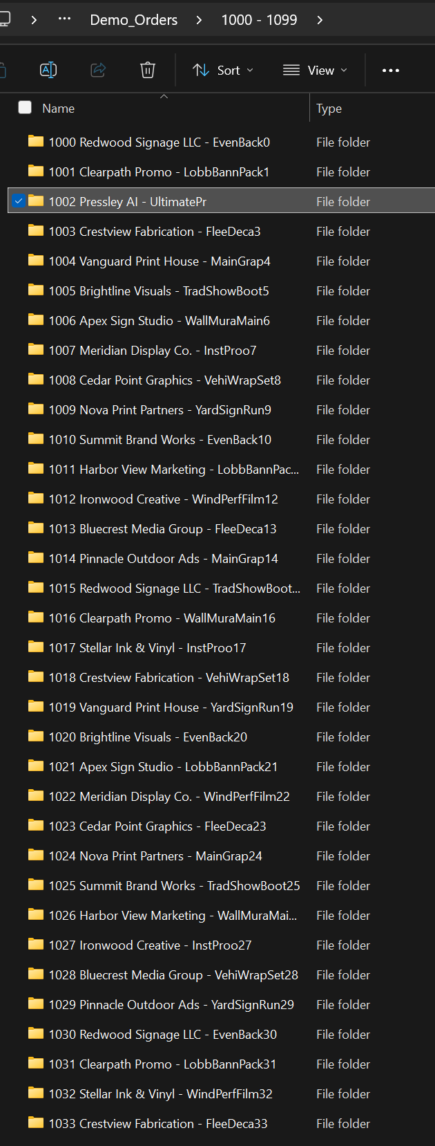 Inside a job folder — Working, Submit, Print, Proof, Support