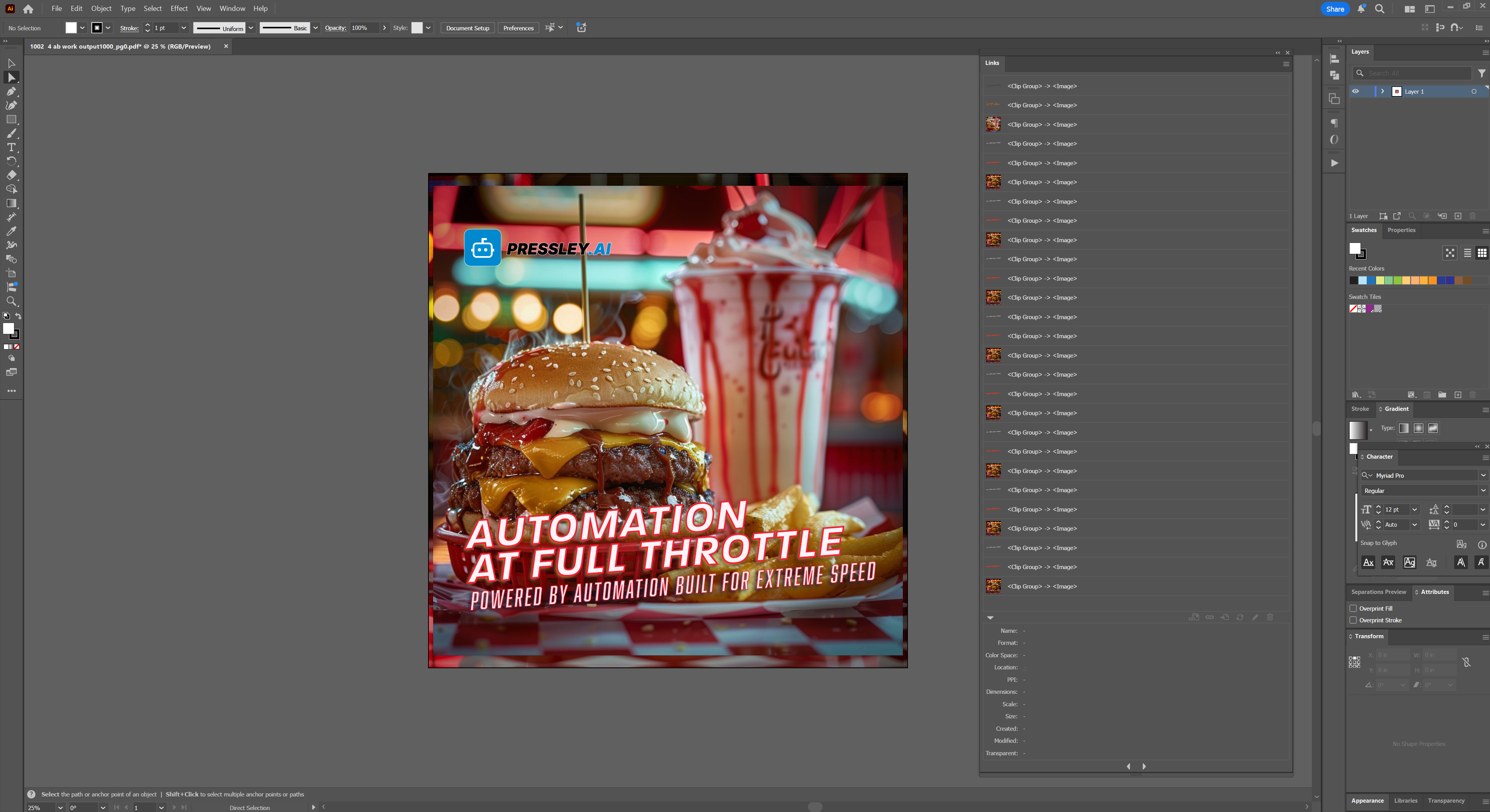 Adobe Illustrator preview of production PDF with Links panel showing linked and instanced assets