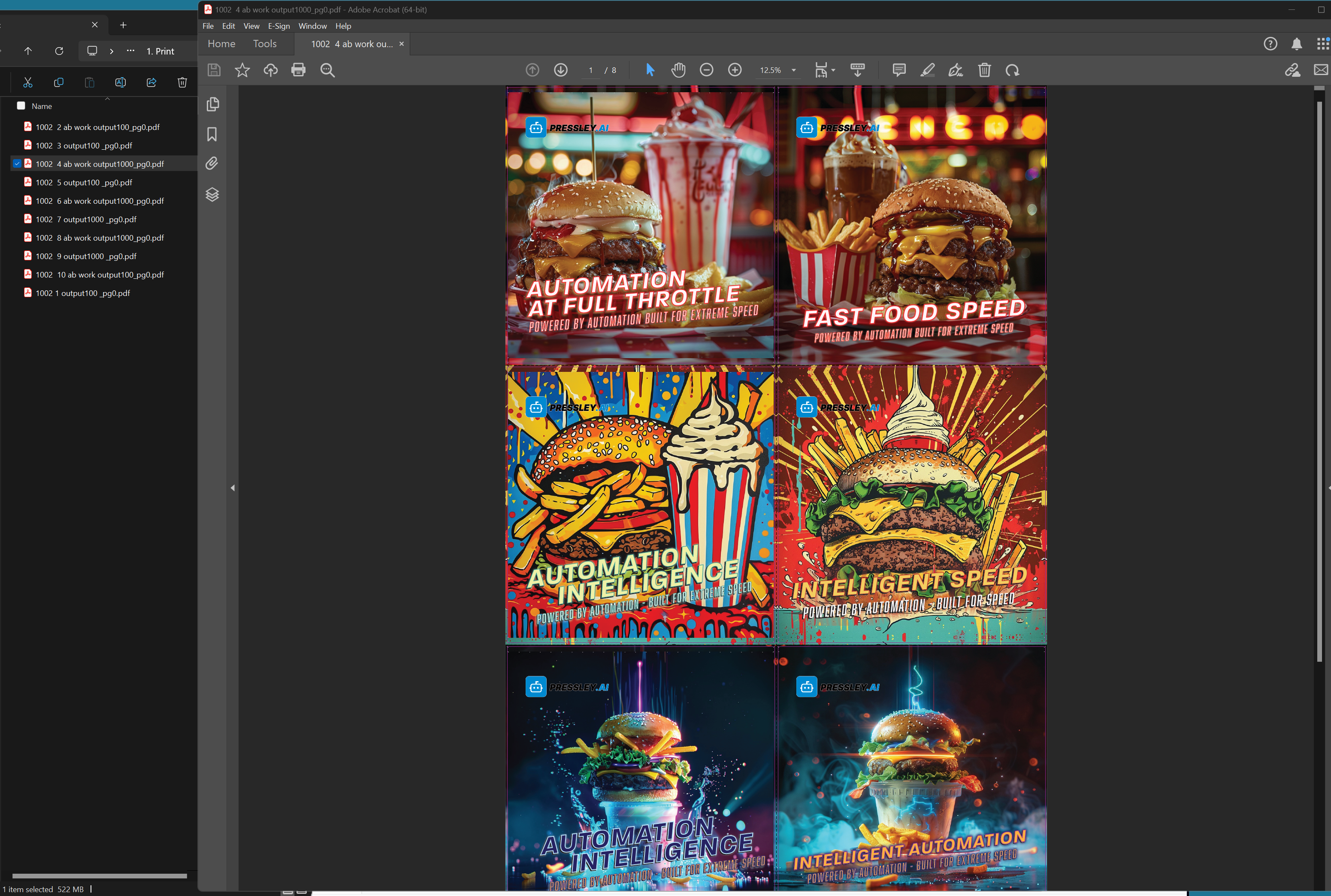 Finished double-sided production PDF showing about 522 megabytes output file size