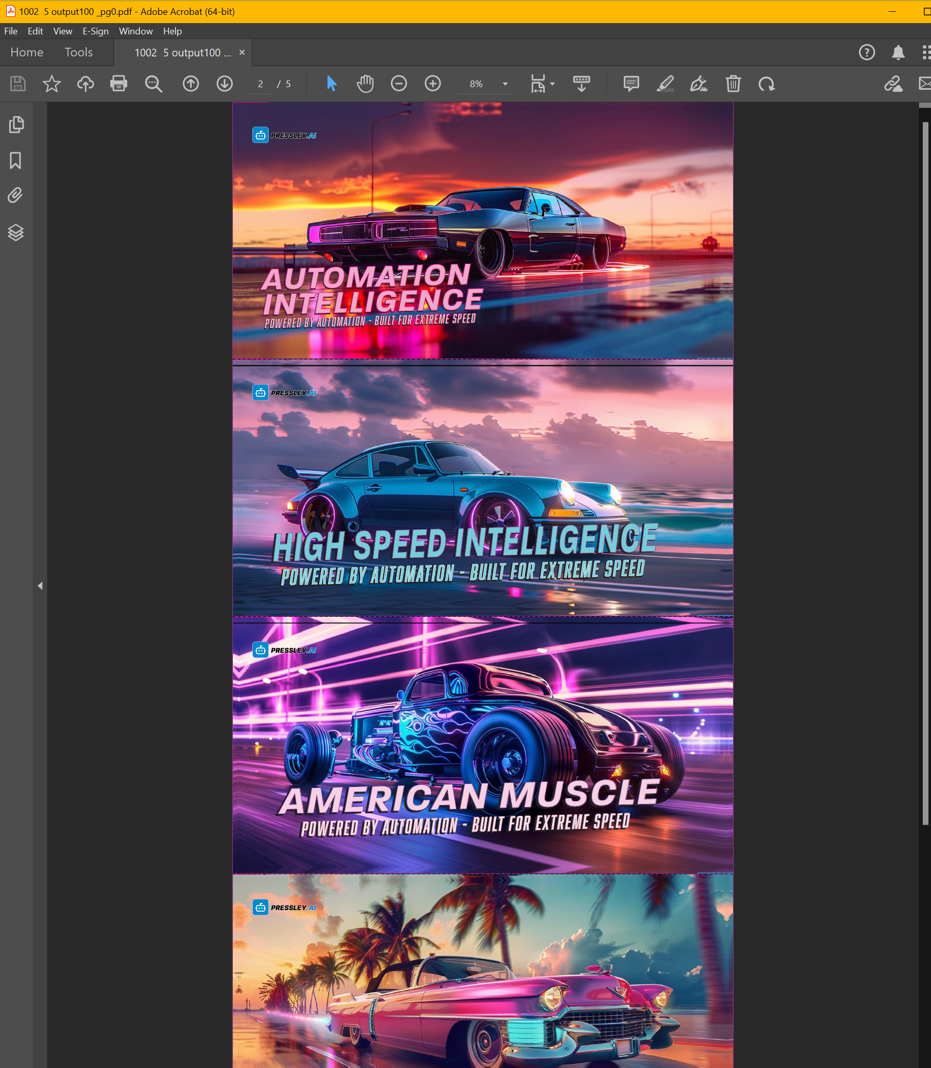 Five-page single-sided production PDF with finishing applied to every page