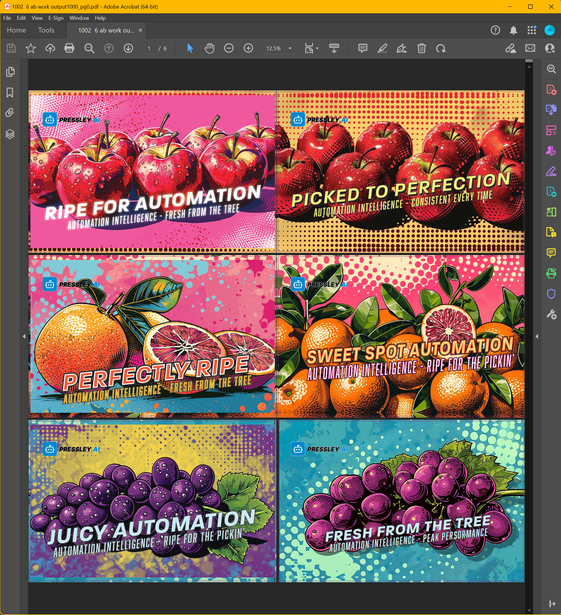 Six-page RIP-ready production PDF with all A sides on the left and all B sides on the right