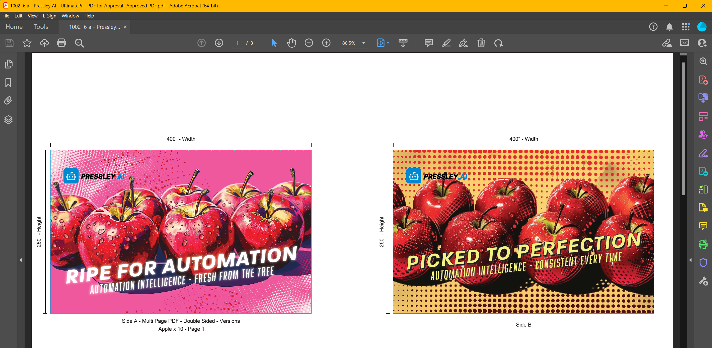 Proof page 1 showing Apple version name and quantity beside artwork