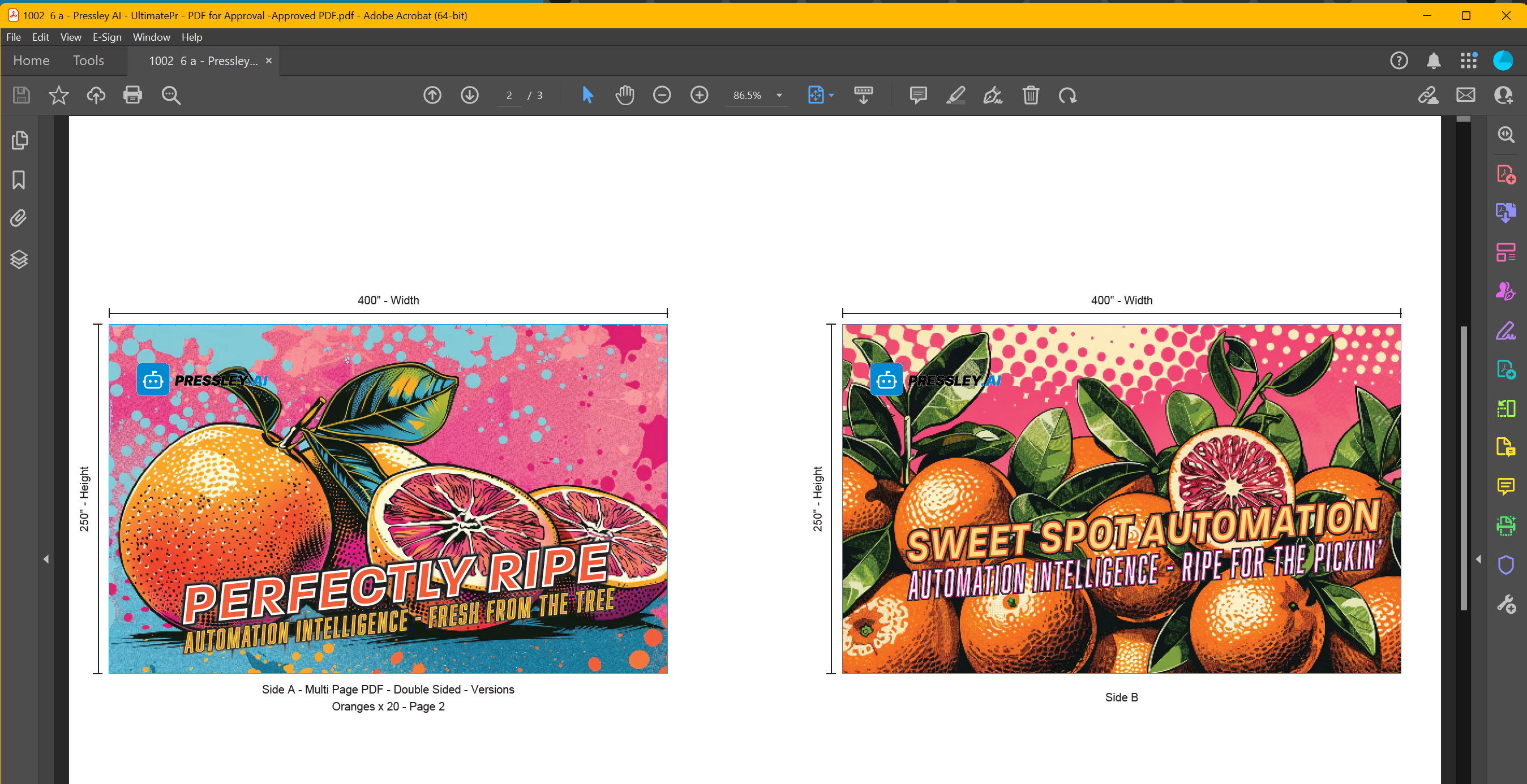 Proof page 2 showing Orange version name and quantity beside artwork